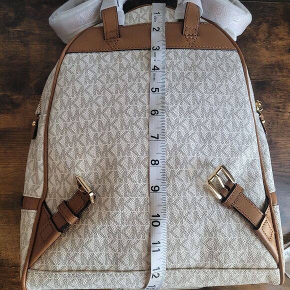 NEW Michael Kors Rhea Zip Slim Medium Backpack Vanilla Ivory Monogram Logo NWT - Picture 7 of 8
